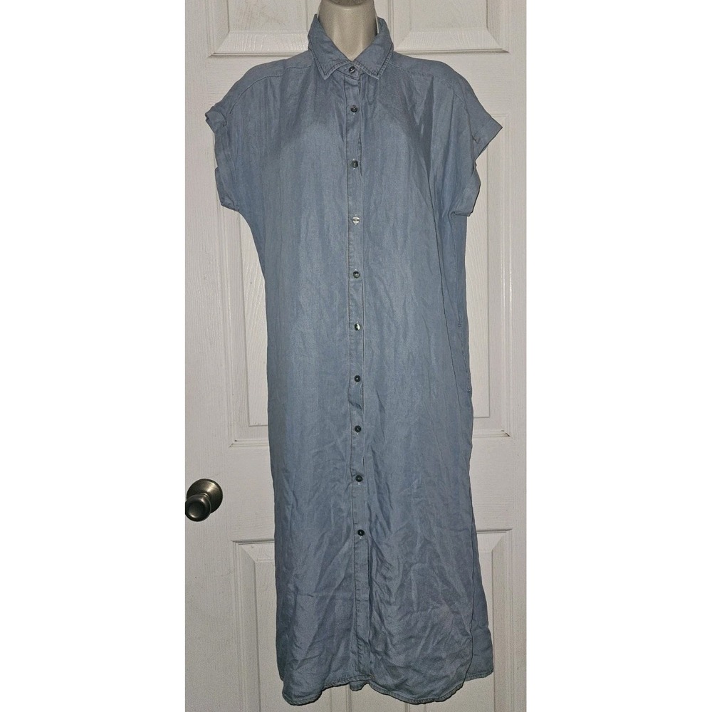 Entro Womens S Chambray Collared Button Down Midi Dress Short Sleeve Rolled Cuff